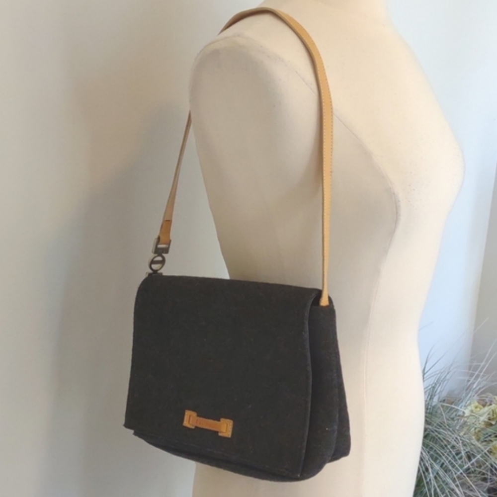 Farinelli Charcoal Gray Felt Shoulder Bag Tan Leather Trim Flap Purse